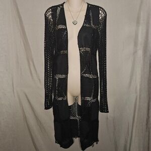 BKE Crochet Cardigan Faux Leather Trim Open Front Cover Up